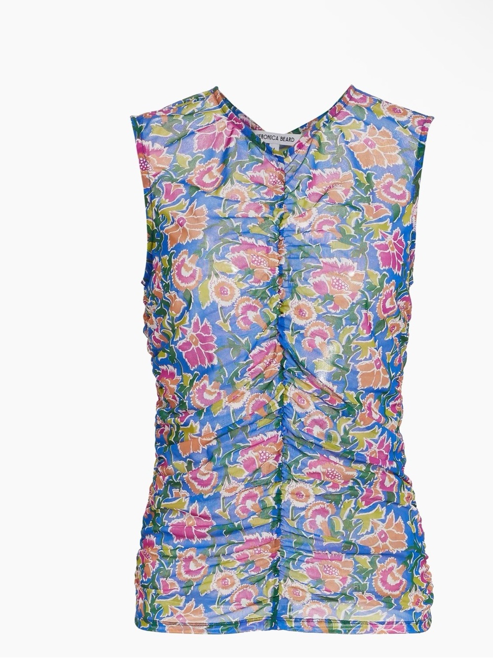 Veronica Beard Tazmin Blue Floral Ruched Mesh Sleeveless Tank Top blouse Shirt 8